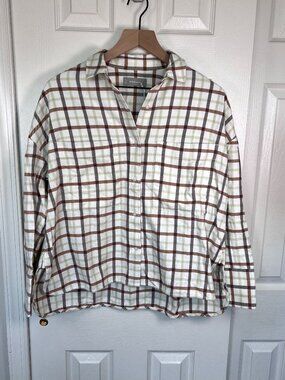 Everlane Boxy Flannel Button Down Brown/Green Size S NWT